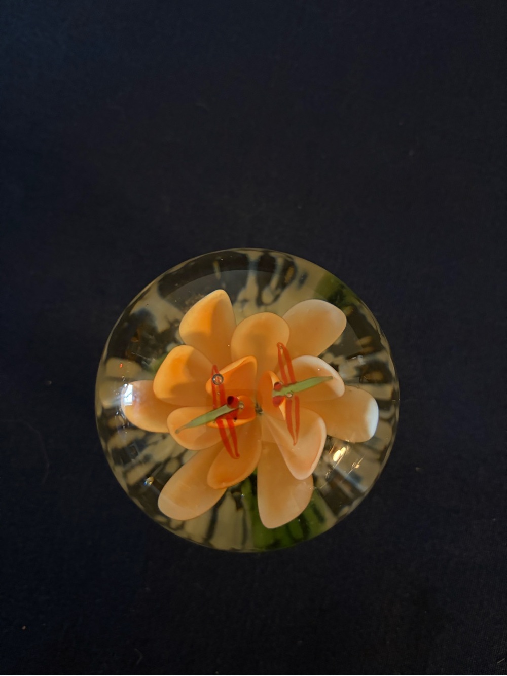 Rare MCM Glass Paperweight Orange Lampwork Style Flower Petals With Dragon Fly.